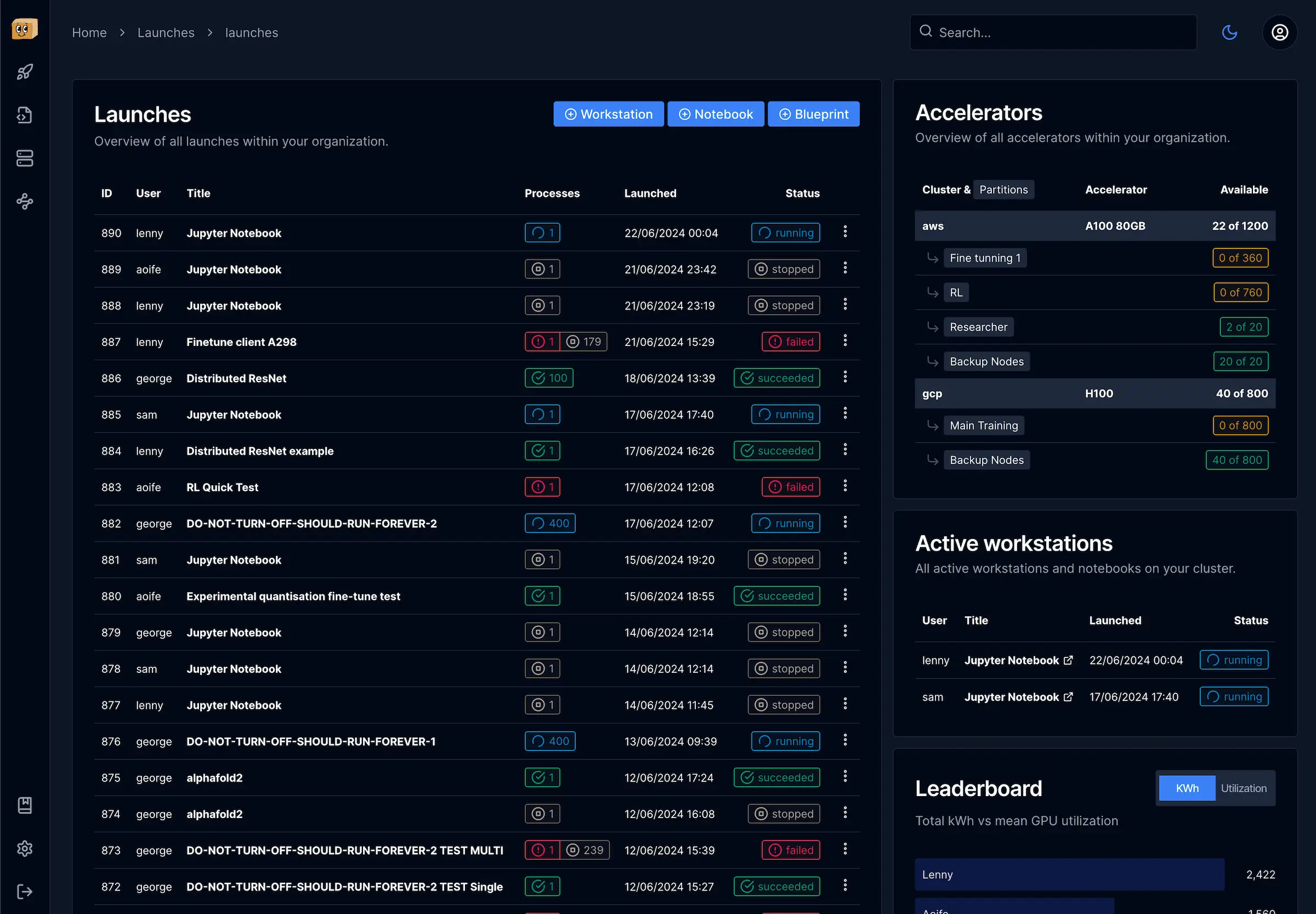 Dashboard showing launches.