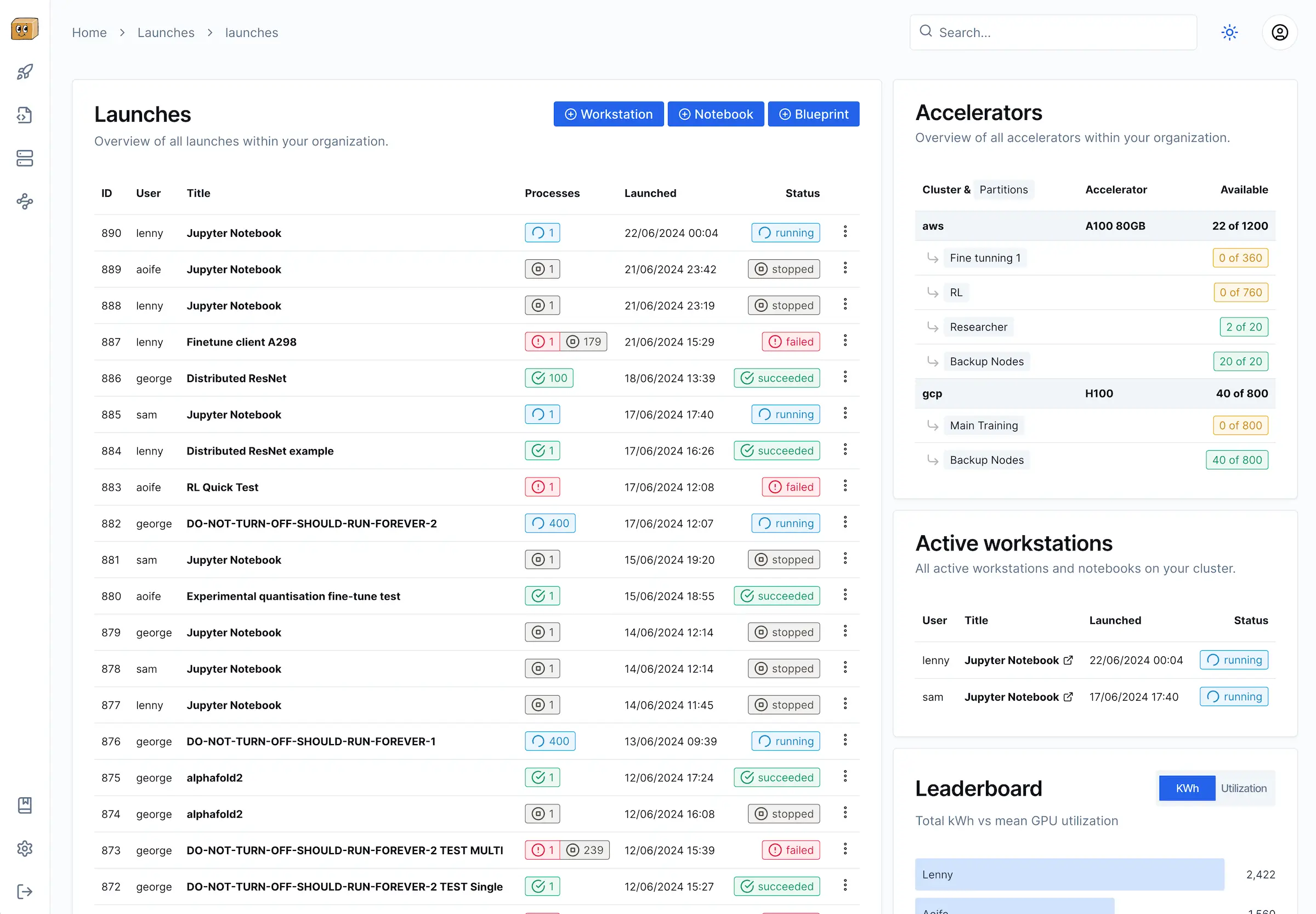 Dashboard showing launches.